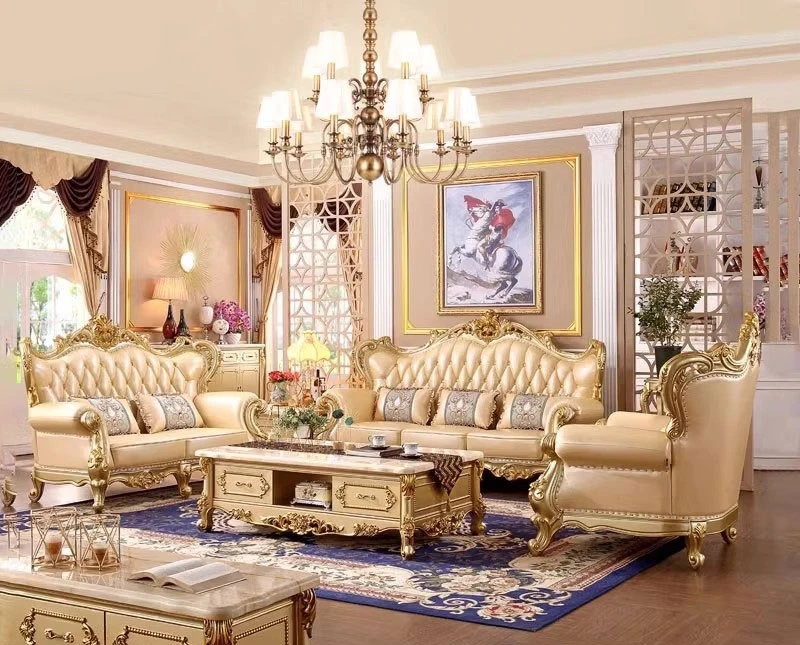 New European solid wood carving flower leather combination sofa size apartment high-end luxury