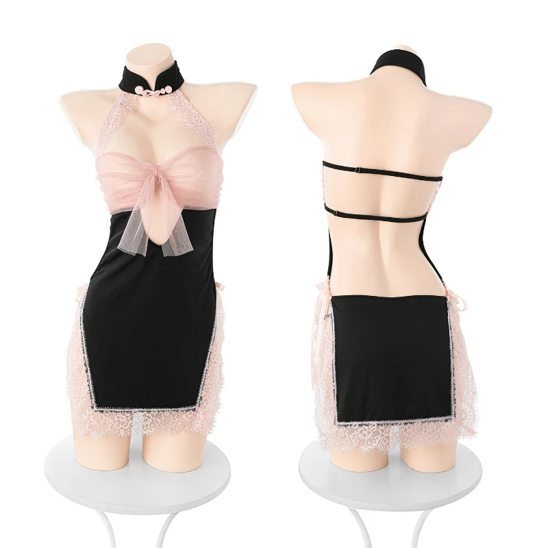 Conjunto Sexy de chica bonita, camisón Cheongsam asiático Sensual, pechos desnudos, ropa de dormir Sexy con espalda descubierta, Cosplay de súcubo de Anime transparente sin espalda
