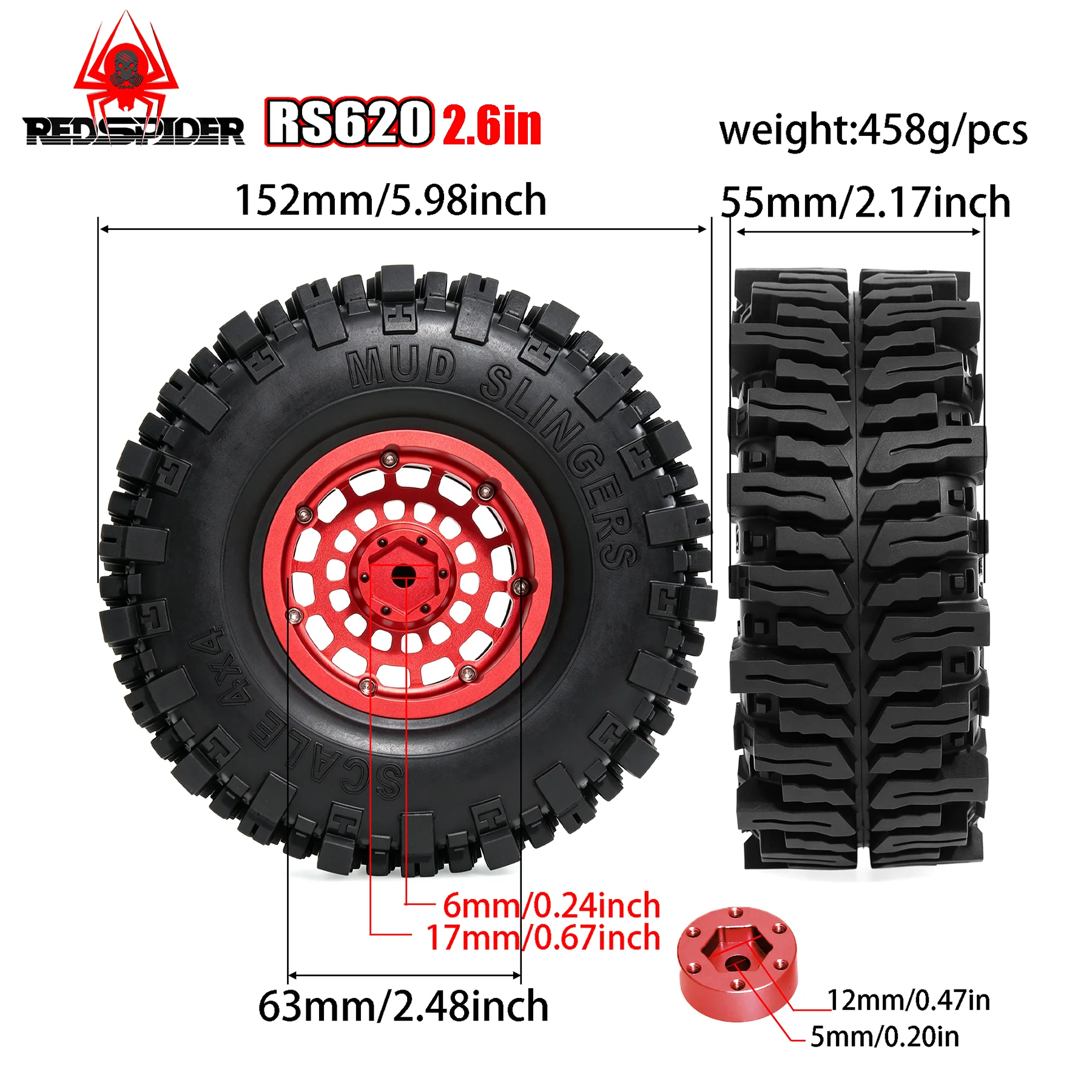 RED SPIDER 4Pcs 2.6 Inch Beadlock Wheels & Tires Set for 1/8 1/10 RC Crawler Car Axial SCX10 Wraith RR10 Capra TRXS TRX4
