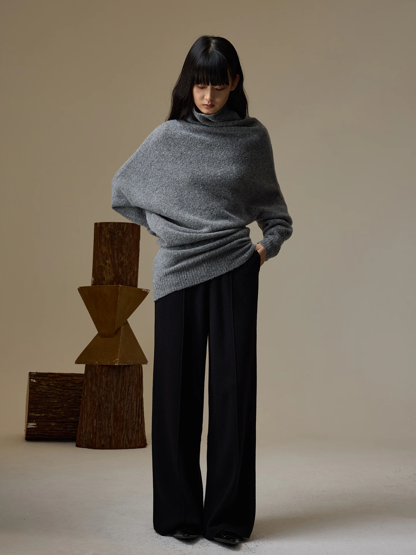 

INOUT Q Autumn Winter ey Irregular Loose High Collar Wool Knitted Sweater Women's Faion Warm Long Sve Top