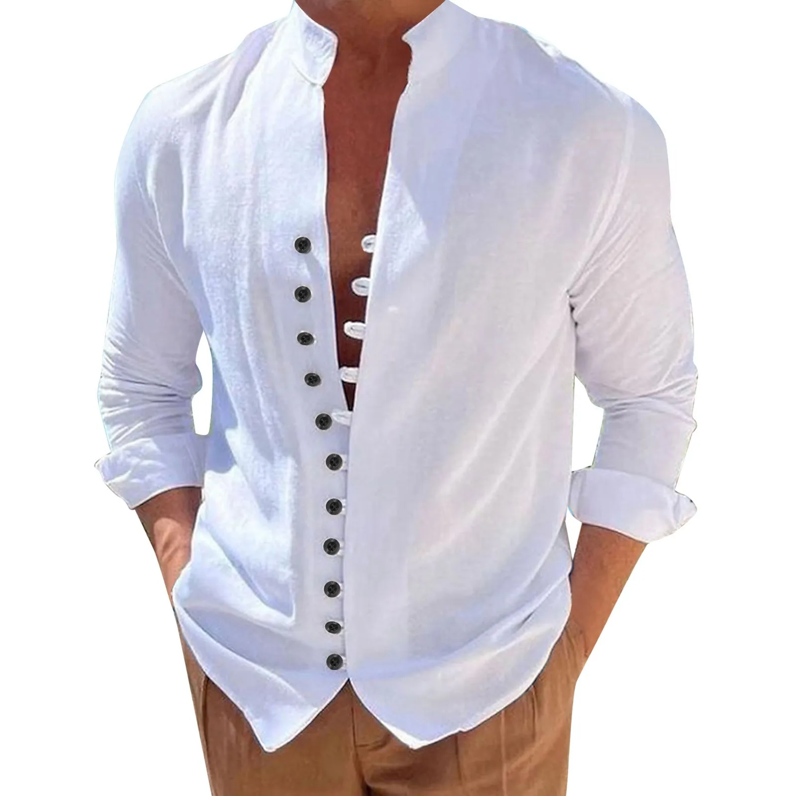 Spring and Autumn 100%Cotton Linen Hot Sale Men\'s Long-Sleeved Shirts Solid Color Stand-Up Collar Casual Style Plus Size