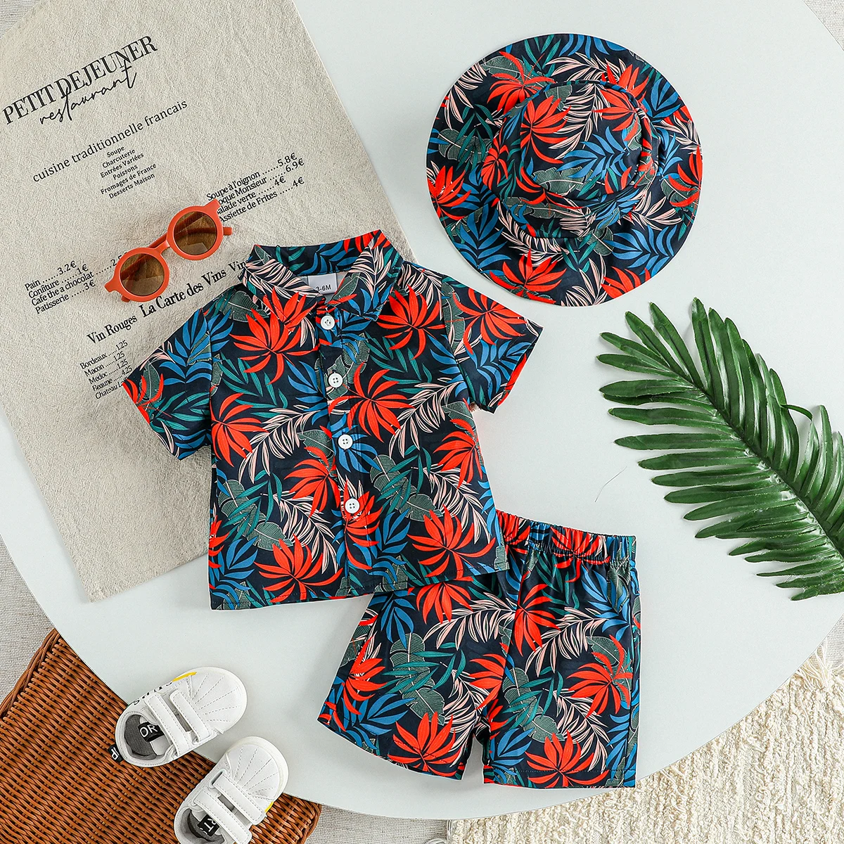 

3Pcs Baby Boy Clothes Boho Summer Cool Plants Print Sets Short Sleeve Shirt+Shorts Child Boy Beach Wear Casual Outfits+Hat