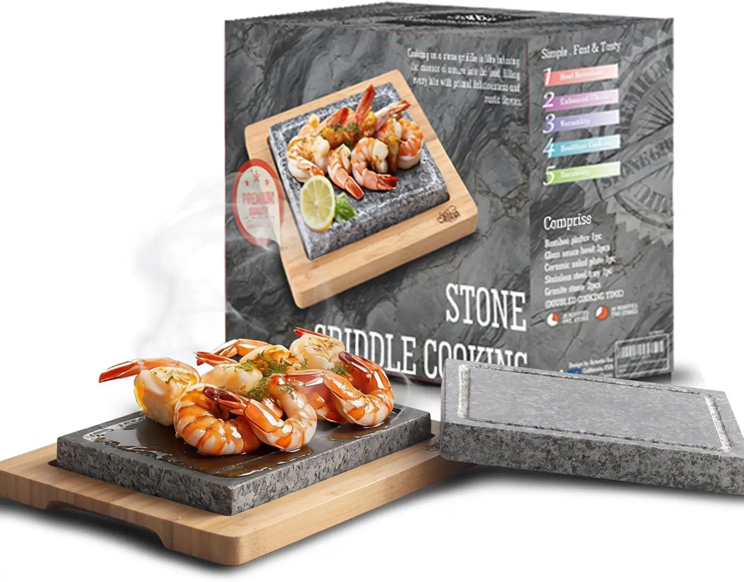 Hot Stone-Grillset mit 2 Granitsteinen und Bambustablett zum Backen von Steak, Grillen und Kochen auf dem Tisch im Innenbereich