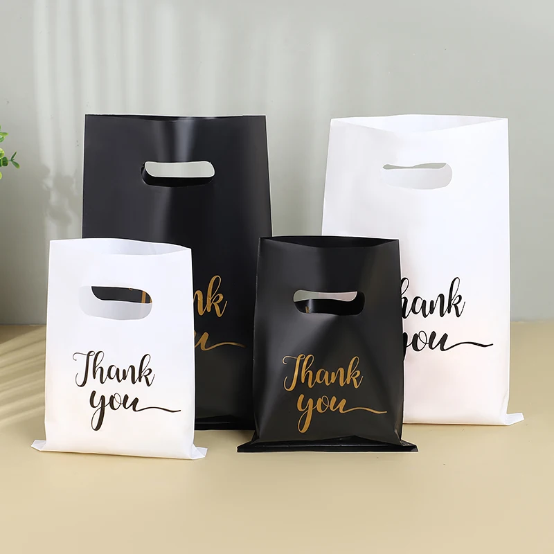 30 Uds. Bolsos de plástico de agradecimiento, bolsas de compras reutilizables, decoración para fiesta de cumpleaños y boda, bolsas de mercancía blancas y negras