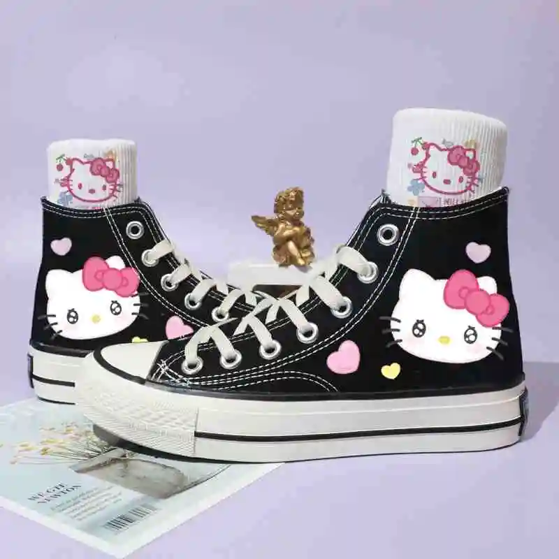 Sanrio Kawaii Hello Kitty Women Soft-soled High-top Canvas Shoes Anime Cartoon Cute Exquisite Student Flat-soled Shoes Sneakers