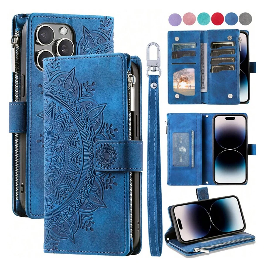 Hand rope Multi Layer Zipper Wallet Case for Redmi Note 13 13 Pro Note 12 12S 12 Pro Flip Cover for Redmi Note 11 11S 10 9 8