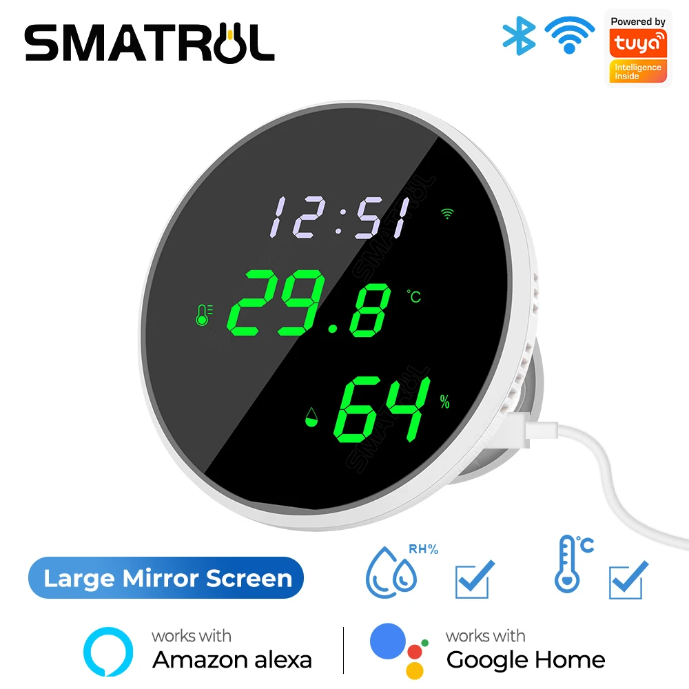 

Tuya Wifi Temperature Humidity Sensor Mirror Screen LED Digital Display Indoor Alarm Push Hygrometer Usb Alexa Google Home