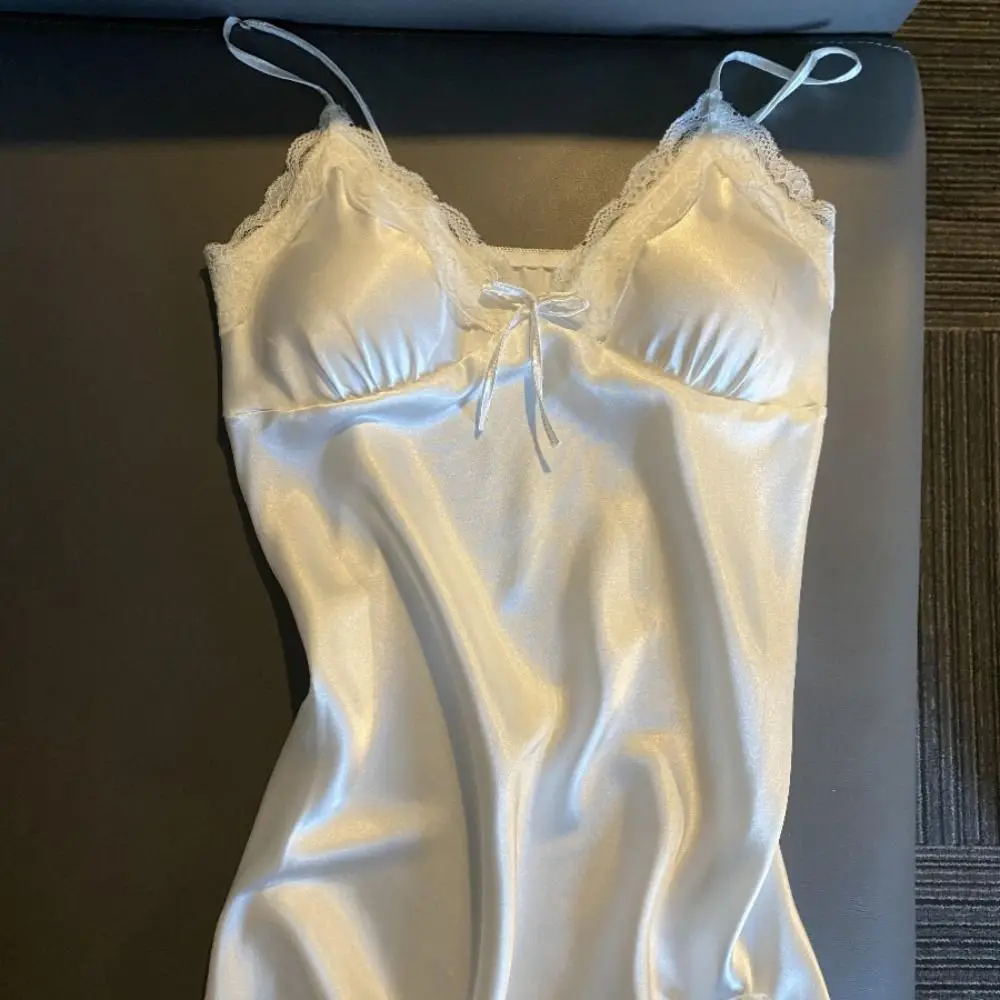 Fashion Lace Bow Women's Pajama Dress Split Sleeveless Ice Silk Suspender Nightdress Thin Sleepwear Slim Sling Nightgown Club