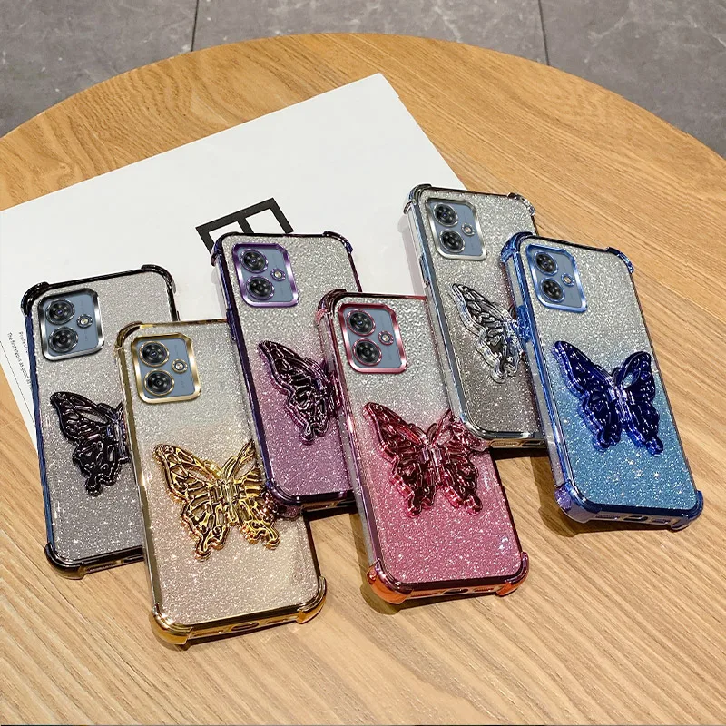 For Motorola G54 Phone Case Sparkling Sticker Butterfly Holder Anti Drop Protection Cover For Motorola Moto G54 5G Coque Moto 54