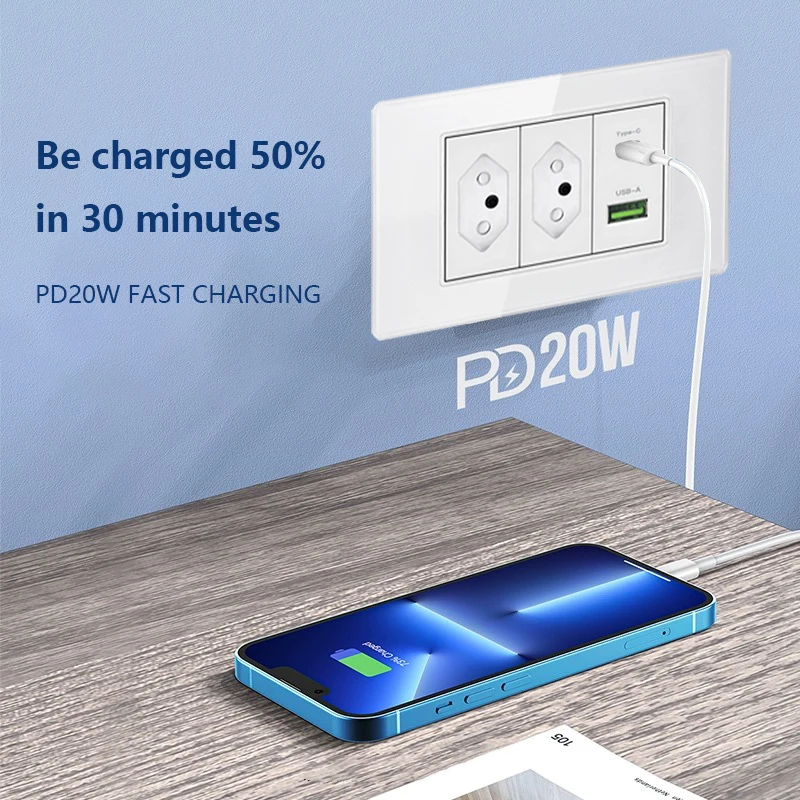 White Brazil 20A Socket with Usb Type C 10W 20W,Plastic/glass Italian Chilean Plug for Quick Charging Wall USB C Power Outlet