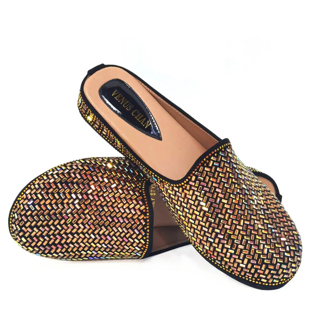 

Summer Half Slippers 2024 Women's Rhinestone Rhombus Design Gold Bridal Casual Nigerian Party with Crystal Making Shoes