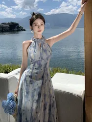 Retro Hanging Neck Chiffon Dress Women'S Summer Flower Language New Chinese Vacation Style Fragmented Flower Long Dress