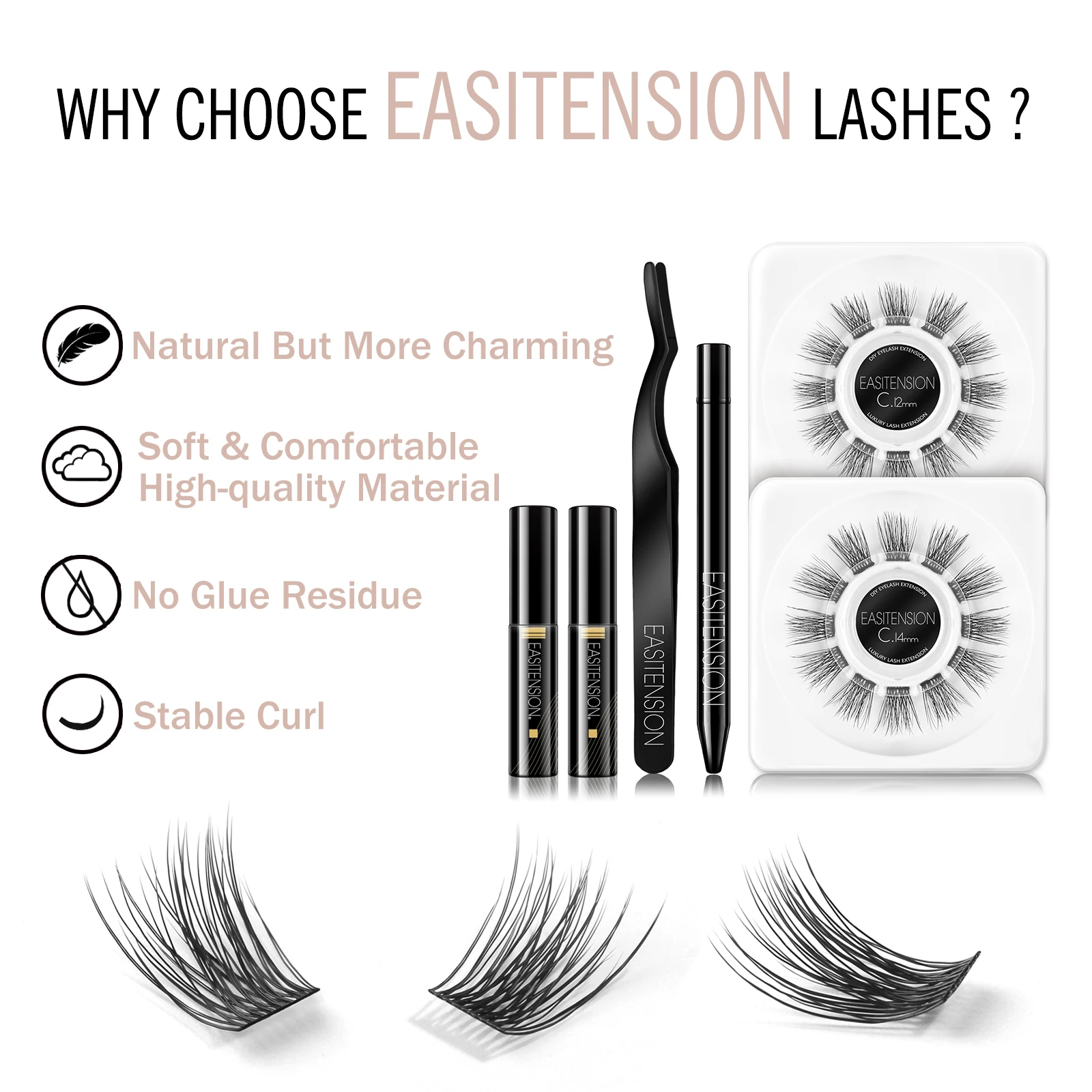 EASITENSION Cluster Lashes Set 3d Effect Individual Lash 24 Clusters Volume Segmented Lashes Kit Eyelash Bundles