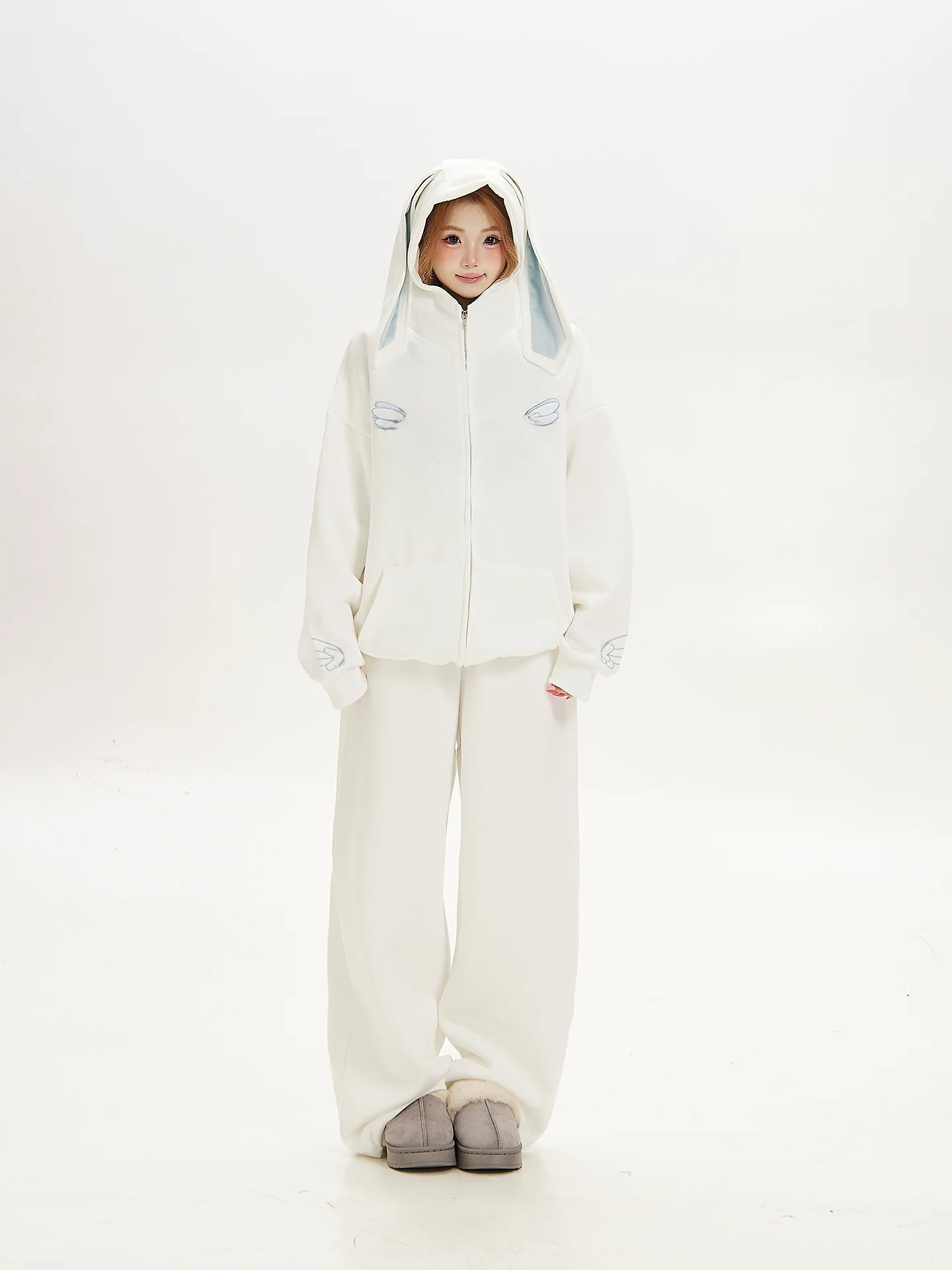Sweet Style Rabbit Ear Hoodie Cardigan Women's Spring Autumn Loose Lazy Style Jacket Sweatshirt Set Casual Comfortable Cotton