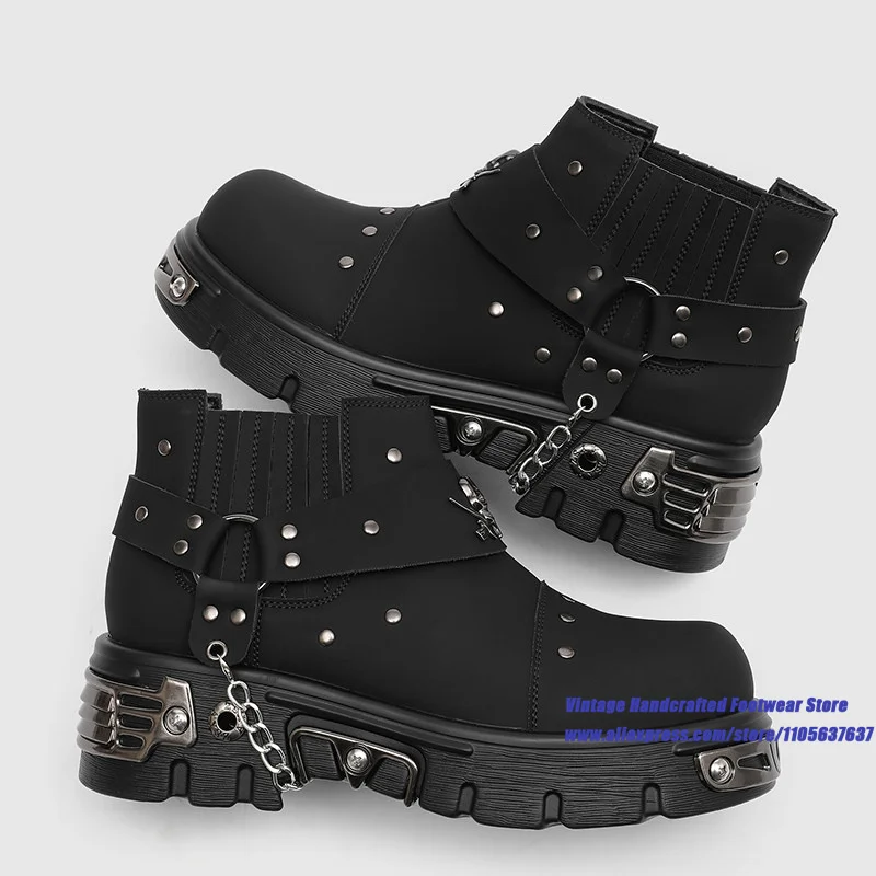 Men Matte Black Leather Gothic Chelsea Ankle Boots Skull Cross Metal Buckle Studded Rivets Side Metal Chain Motorcycle Boots