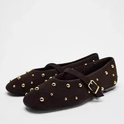 Round Toe Rivets Women Mary Jane Shoes Brown Faux Suede Metal Belt Non-slip Soft Sole Retron Design 2025 Spring Ladies Flats