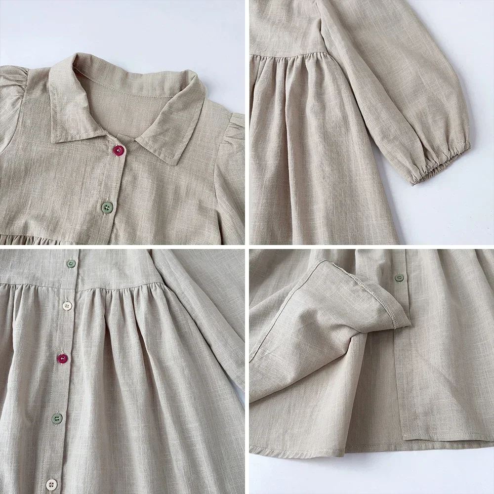 Kids Dresses for Girls Solid Color Minimalist Shirt Dresses 100% Cotton Pleated Single Breasted Khaki Color Dress Kids Clothes