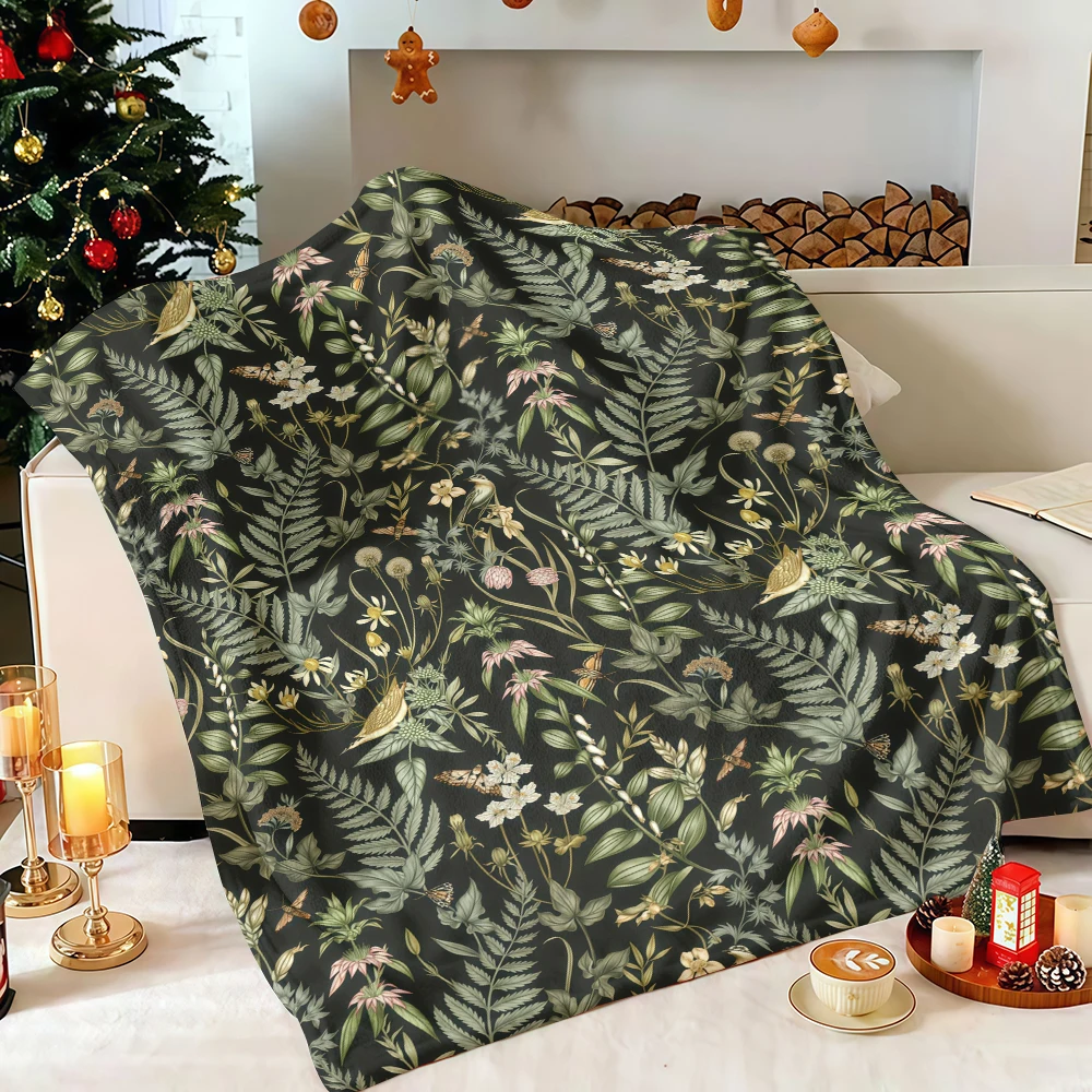 Dark Botanical Bird Butterfly Fern Flannel Blanket Soft Fuzzy Plush Cozy Warm Throw for Sofa Bed Couch Home Decor