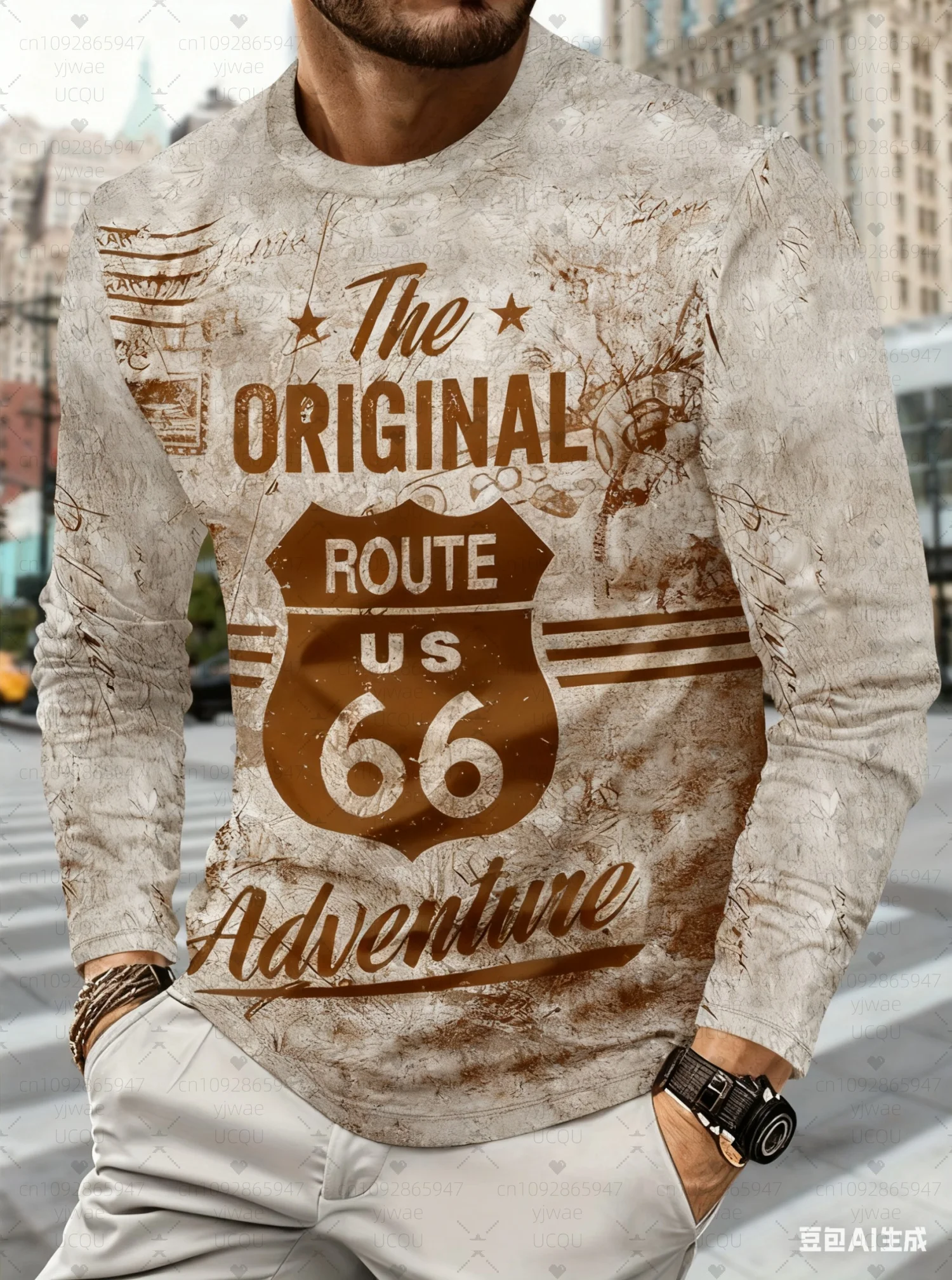 2025 تي شيرت رجالي كم طويل ثلاثية الأبعاد طباعة تي شيرت عادية خمر الرجال Vintage الطريق 66 تي شيرت فضفاض الرياضة س الرقبة الرجال الملابس