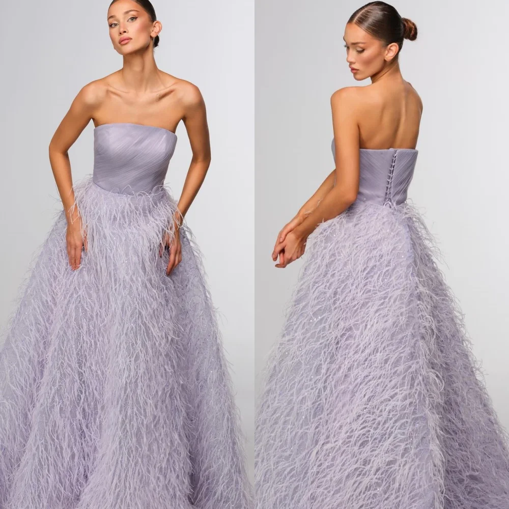 

Customized Exquisite Strapless Sleeveless Evening Dress High Quality Feathers Prom Dresses Temperament Special Occasion Gowns