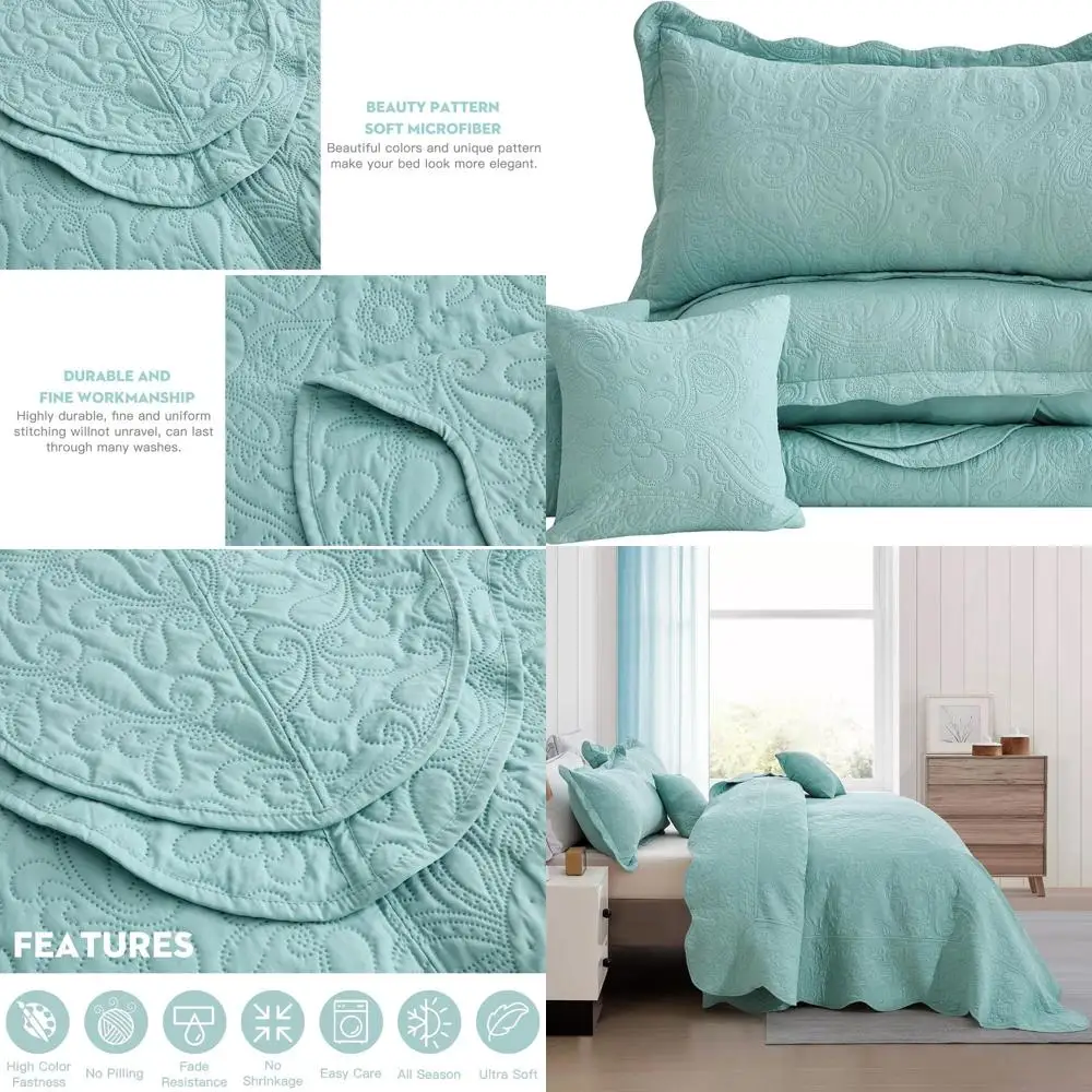 Juego de colcha de microfibra 100% Reversible, ligero, ultrasónico, 138x122 de ancho, patrón de cachemira, 5 piezas, para California/Alaskan King