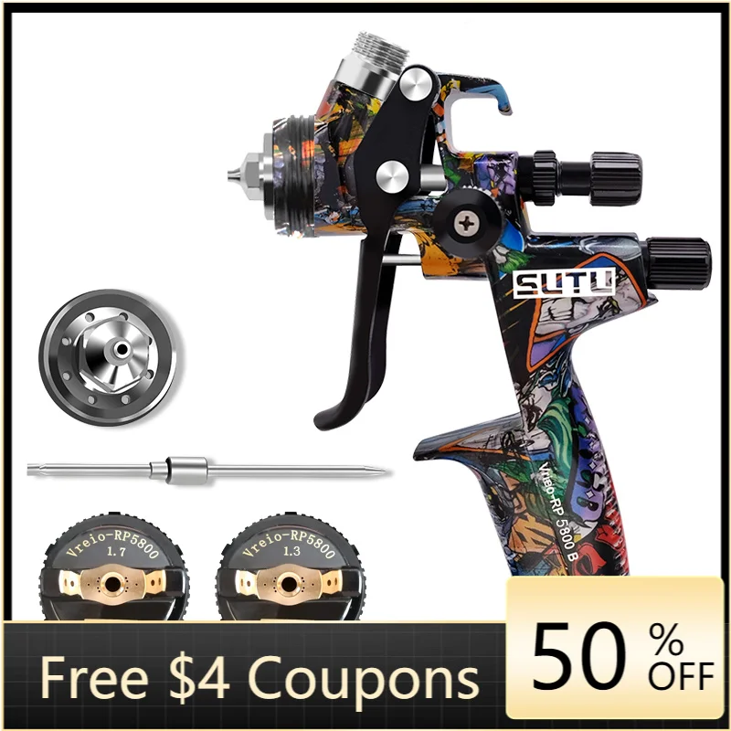 

SUTU 5800 Pneumatic Spray Gun, 1.3/1.7mm Set, 600ml Pot, for Car & Furniture Painting, Uniform Atomization