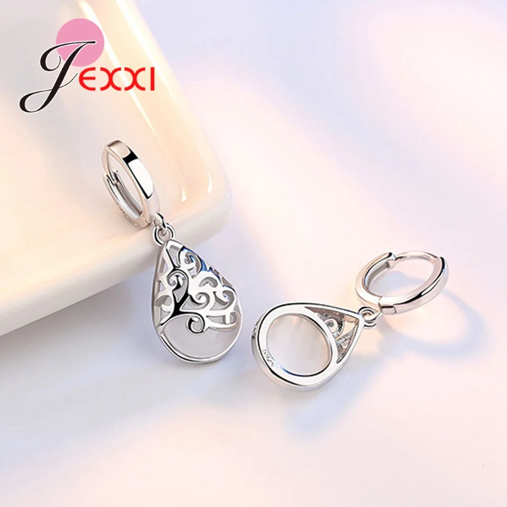Genuine 925 Sterling Silver Moonlight Opal Hollow Totem Drop Earrings for Women Girls Wedding Party Fashion Jewelry Gifts