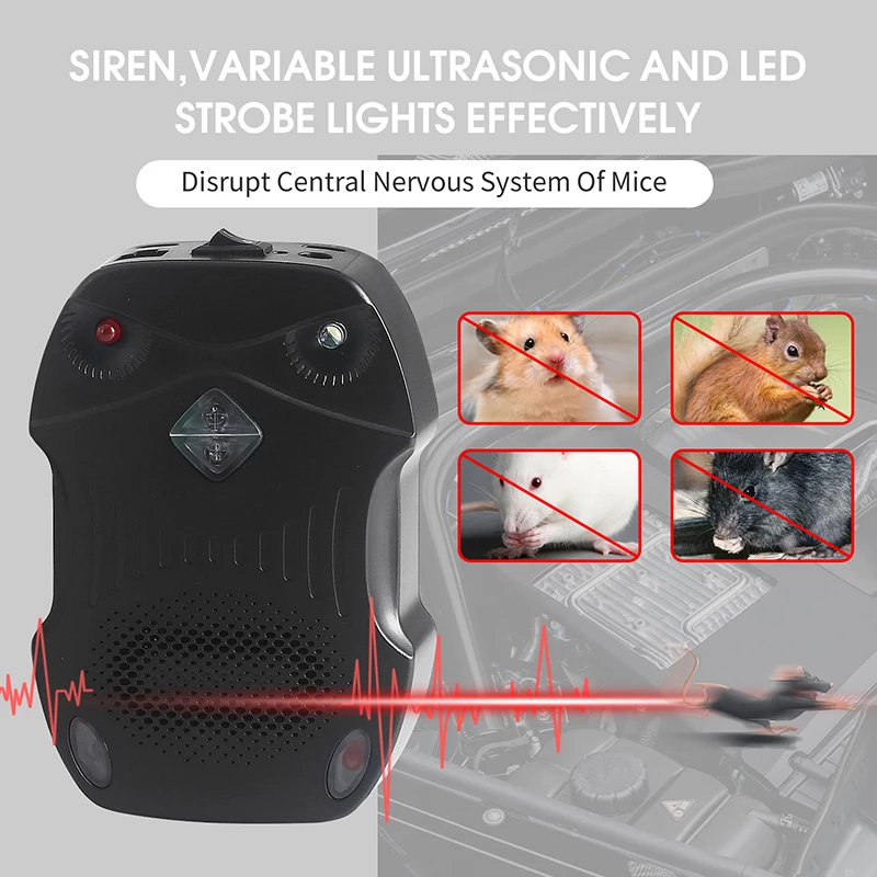 Elektronischer Ultraschall-Mäusevertreiber mit LED-Blinklicht und Alarmton für Eichhörnchen, Mäuse und Ratten, geeignet für Auto, Innenräume, Garage, Küche usw. – Detail 1