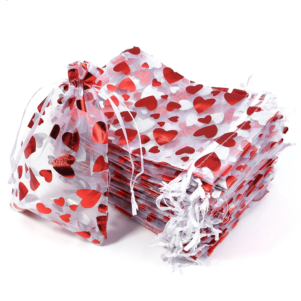 10pcs/lot 9x12cm Red Heart Organza Bags Gift Jewelry Packaging Storage Bags For Wedding Christmas Candy Gift Drawstring Pouches