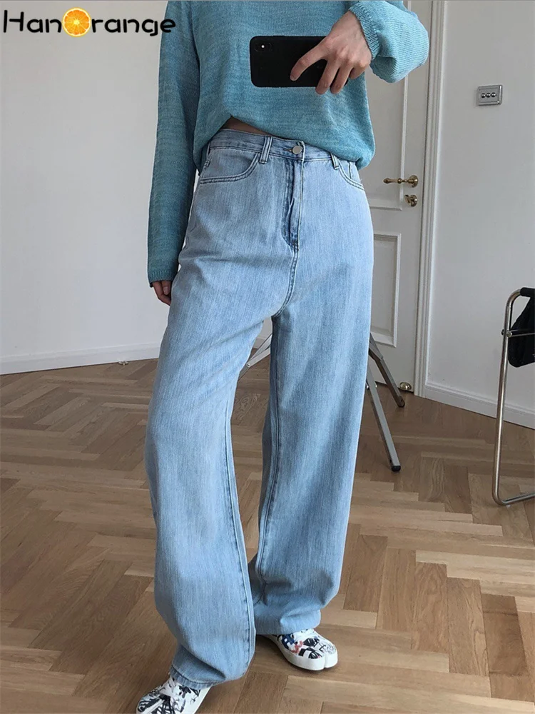 

HanOrange 2026 Summer Retro Light Thin High Waist Straight Jeans Women Loose Light Blue Cotton Denim Pants
