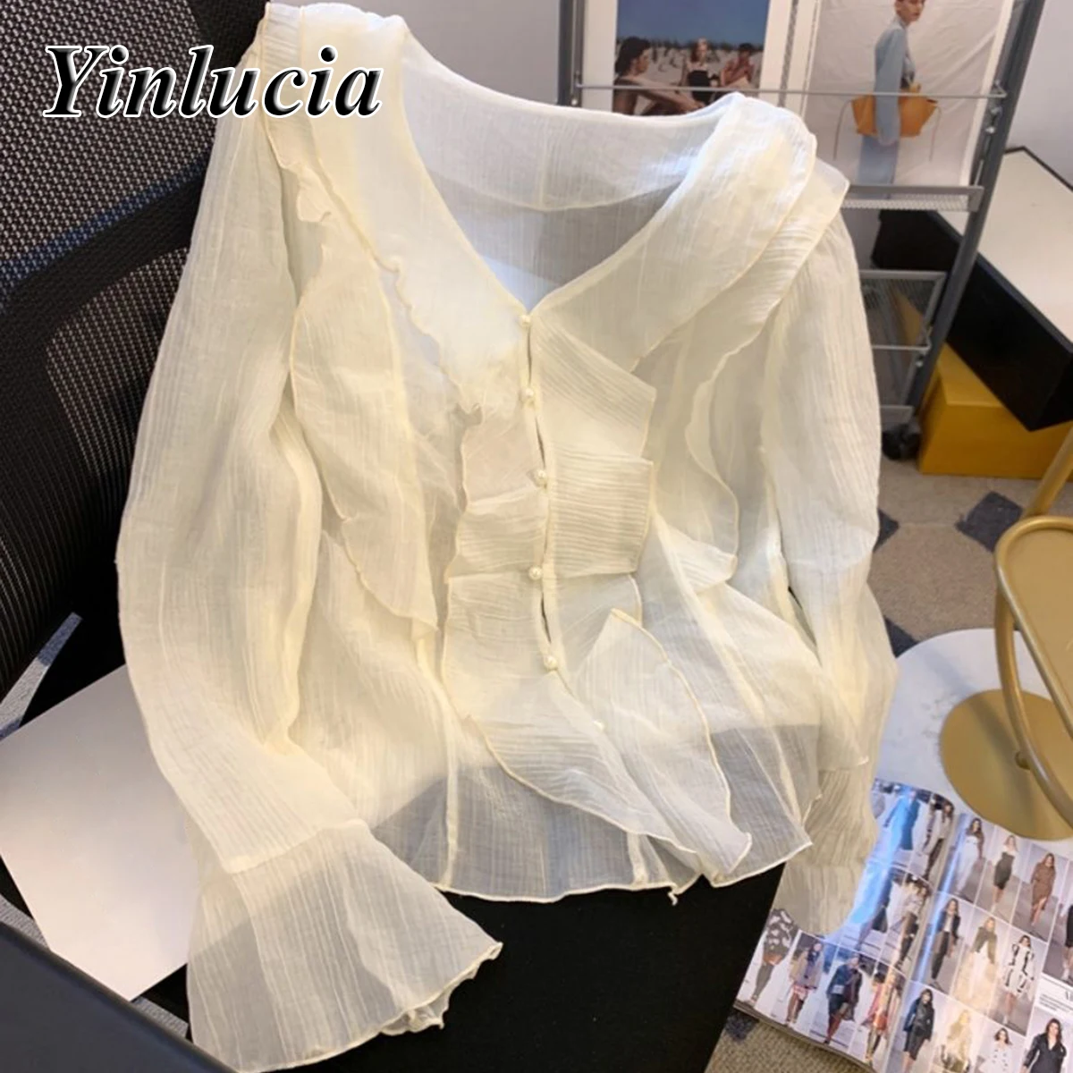 

Horn Sleeve V-neck Chiffon Shirts Tops Women Blouses Sunscreen Thin Shirt French Ruffle Edge Blouse Office Lady Y2K Street Wear