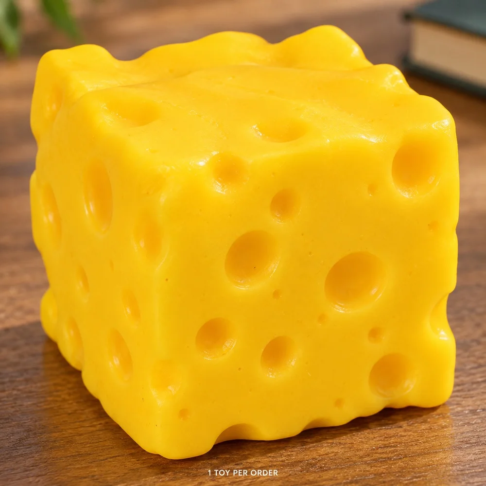 Mini Cheese Squishy Squeeze Toy Yellow TPR Cube Shape with Textured Holes Small Desk Fidget Gift for Adults Teens Single Piece