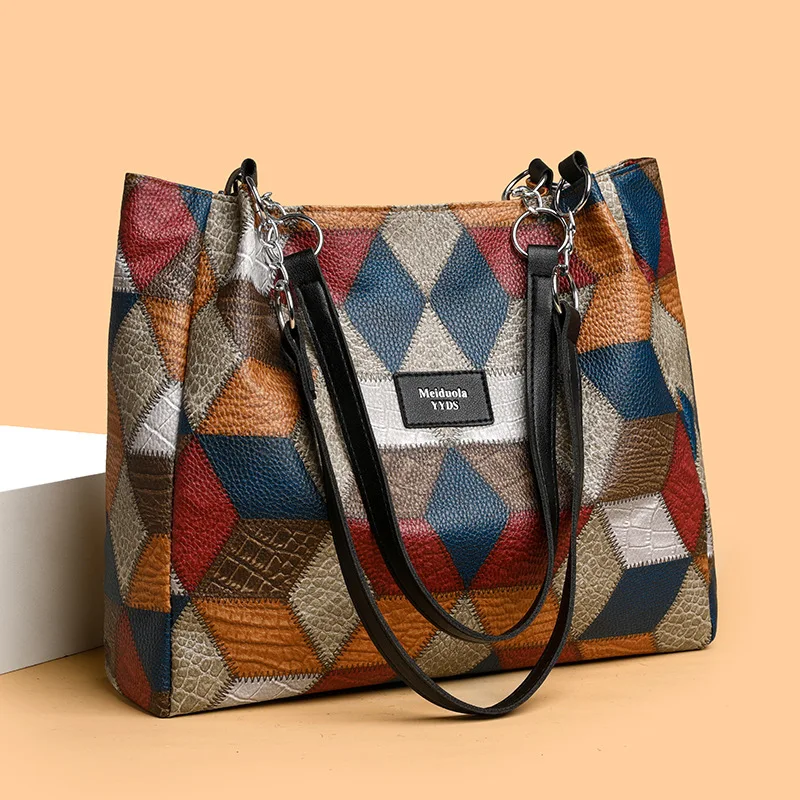Mode Kontrast Farbe Große Kapazität Weibliche Einkaufstasche PU Leder dame Schulter Tasche Marke Designer frauen Shopper Handtaschen – Detail 9