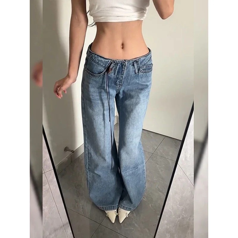 

Американские уличные светло-голубые широкие джинсы с низкой талией, женские осенние свободные драпированные высокие удлиненные брюки длиной до пола