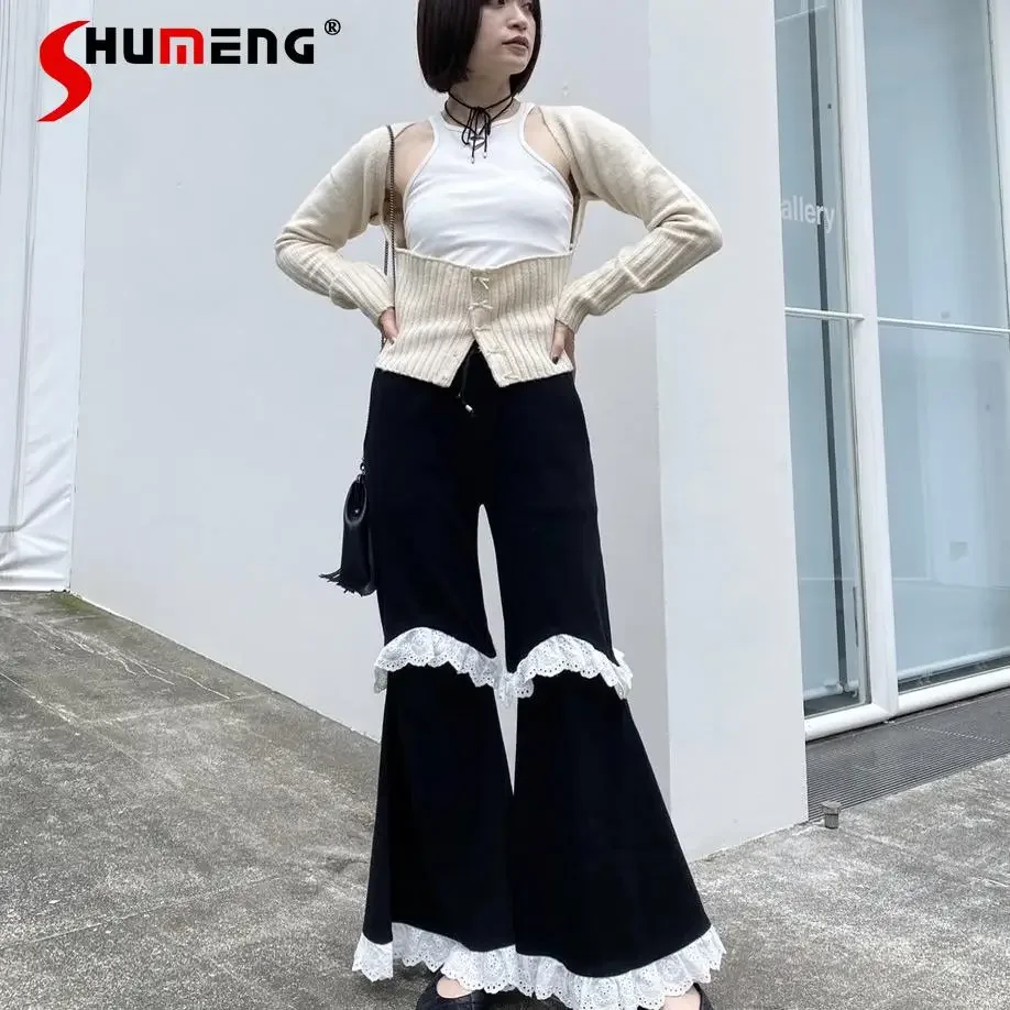 

Japanese Style Sweet Black Flared Pants Women's Elastic Waist Casual All-Match Wide-leg Pants Lady Fungus Edge Trousers Autumn