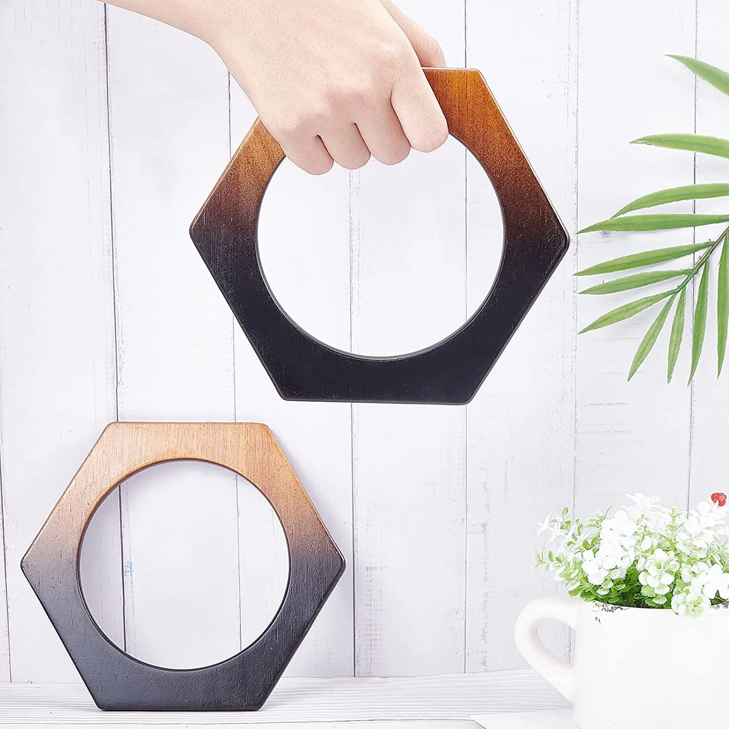 ABQR, 2 uds., asa de madera para bolso, asas para bolso de madera en forma hexagonal, asas para bolso, reemplazo DIY, mango para bolso de macramé hecho a mano