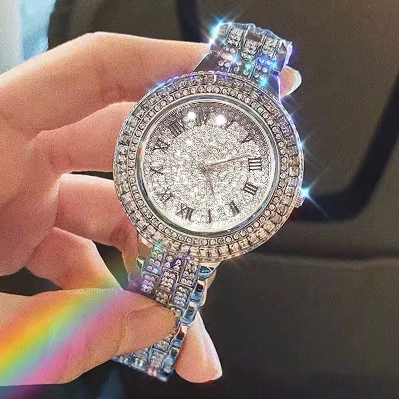 Relógio feminino de luxo com diamante elegante marca quartzo pulseira aço relógios senhoras zircon cristal topo moda relógio pulso