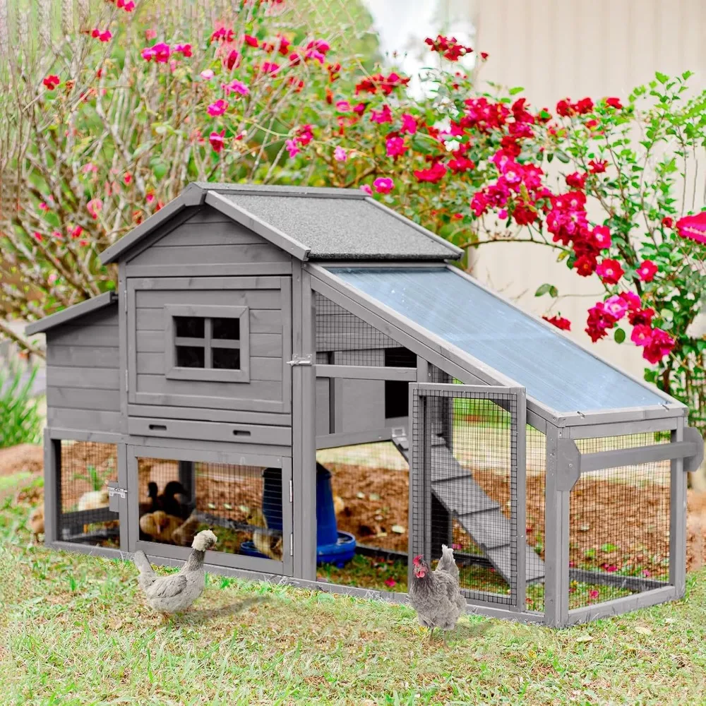 

Wooden Chicken Coop Hen House, Outdoor Large Rabbit/Bunny Hutch, Small Animal Cage (Grey)