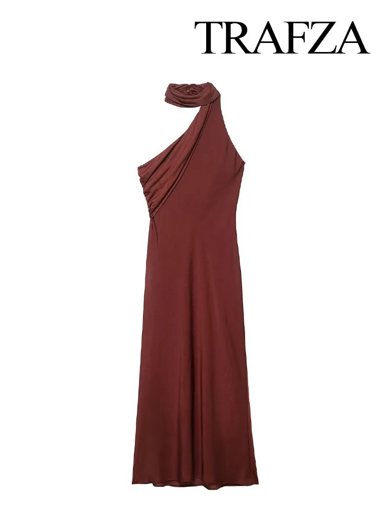 

HH Women's Elegant Slim Backless Long Dress Solid Asymmetrical Scarf Collar Female Summer New Fashion Sleeveless Dresses