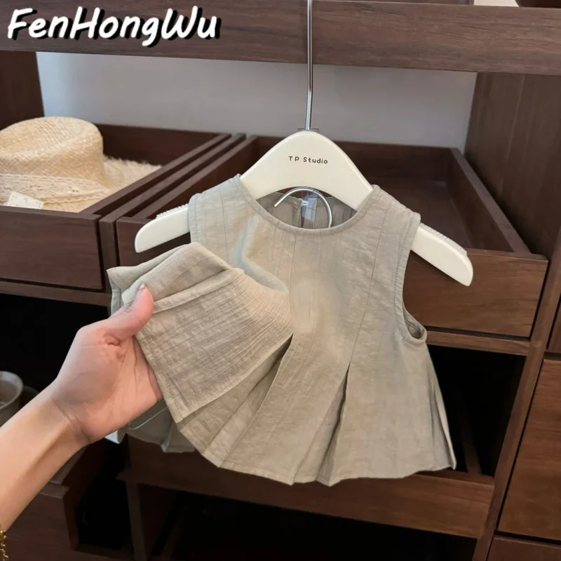 

Girls' Loose Outfit Set Baby Girl Pleated Vest Gray Oversized Loose Pants Stylish Outfit Trendy