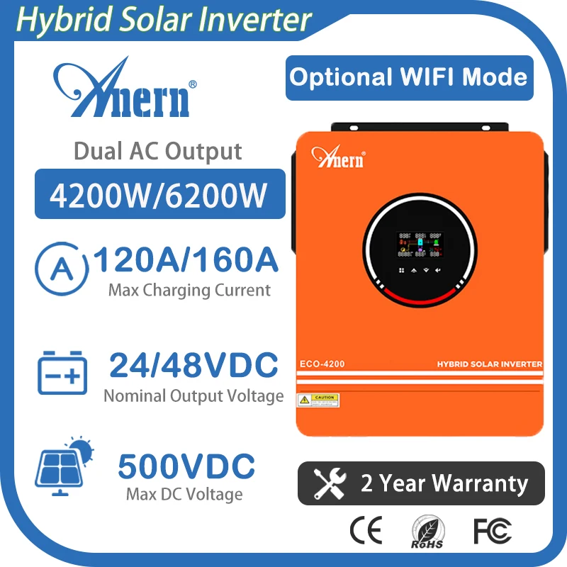 Anern 4.2KW 6.2kw falownik solarny Off/On-Grid 220V 24V/48V MPPT 120A 160A czysta fala sinusoidalna hybrydowy falownik nadaje się do paneli