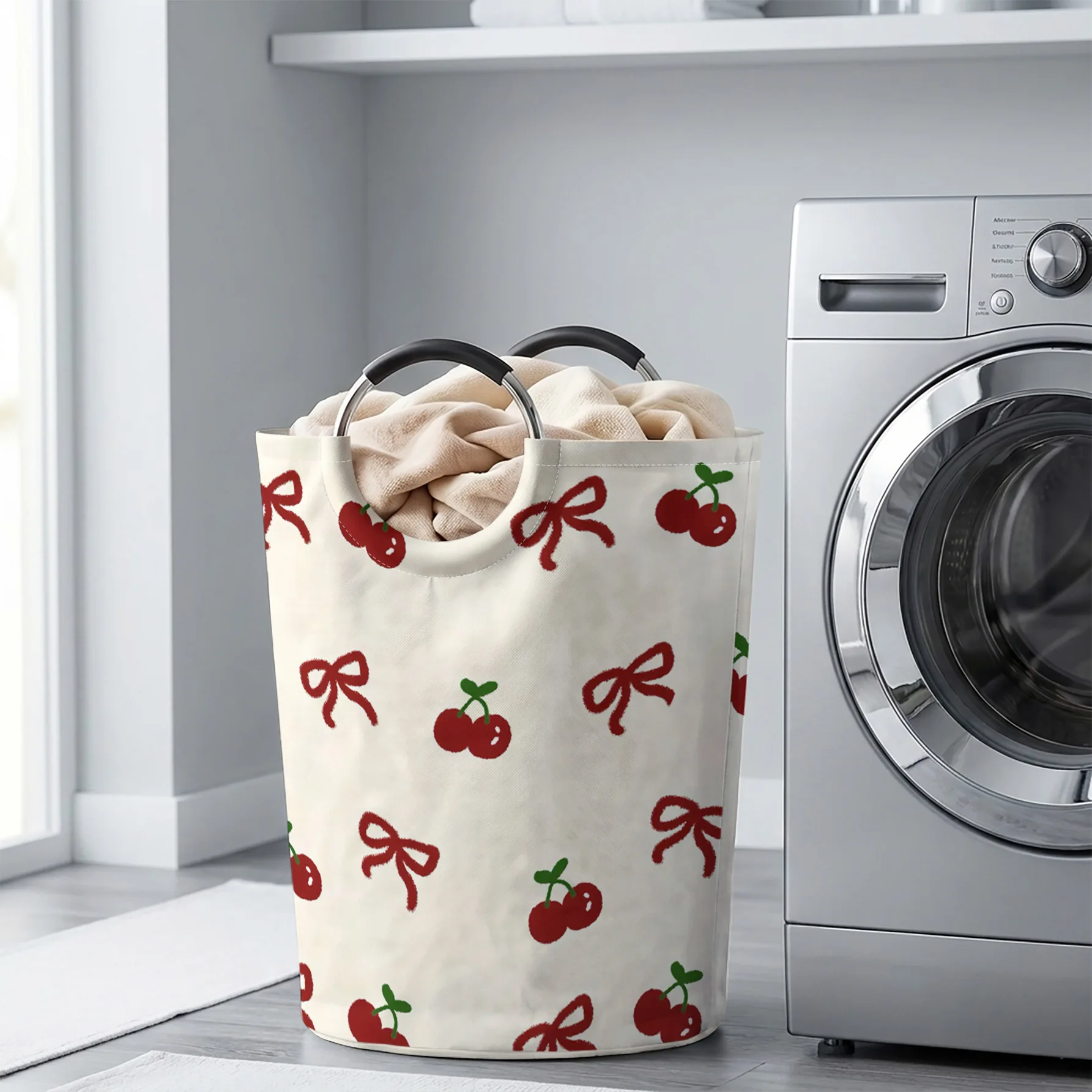 Cherry Bow Print Handheld Storage Basket, For Laundry, Bedroom & Home Sundries Storage