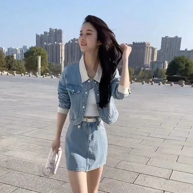 

Women's Skirts Sets Contrast Spliced Turndown Collar Denim Jacket+High Waist A-Line Short Skirt Retro Two-Pieces Lady's Clothing