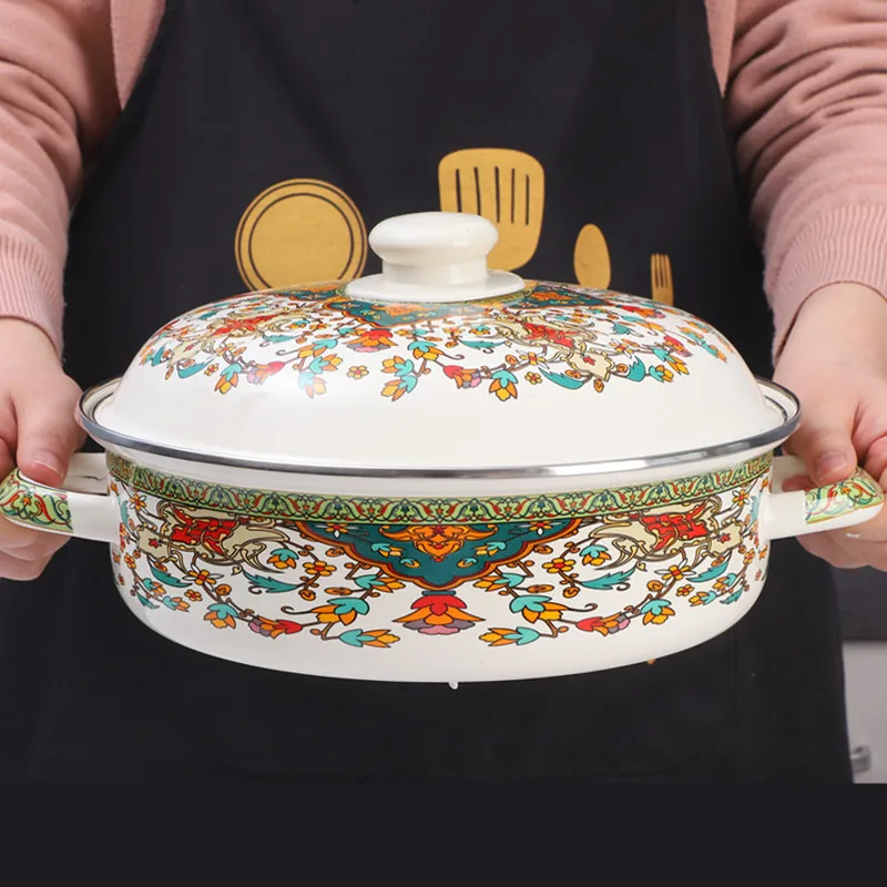 Olla esmaltada vintage europea, cazuela de hierro fundido de doble oreja, olla de sopa ancha antidesbordamiento, horno holandés cubierto de gran capacidad