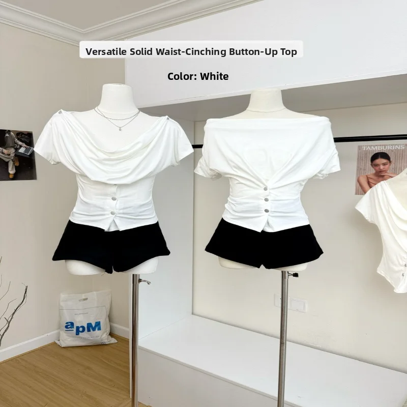 French Island Holiday Style Elastic Waist Button up Pure Color T-Shirt Bloggers Fashion Slim Fit Daily Wear Polyester Shirt