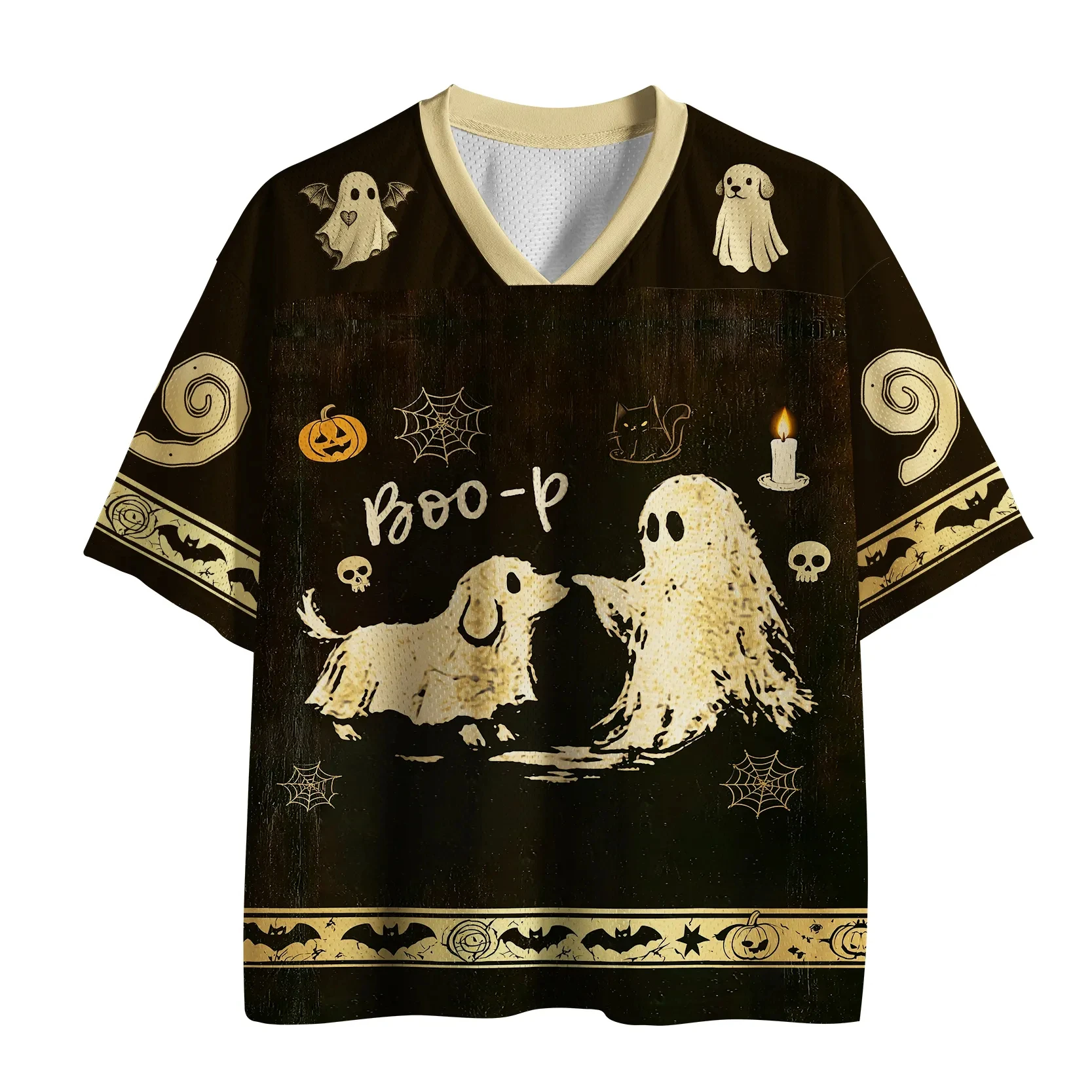 2026 Men Retro Halloween Ghost Puppy Graphic V Neck Sports Jersey Oversized Mesh Short Sleeve Gothic Streetwear Tee