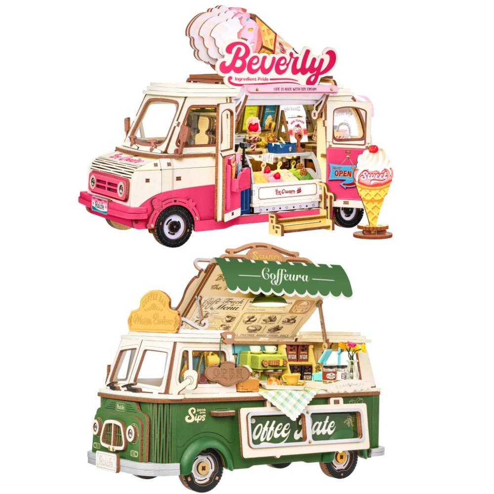Robotime Eiswagen-Modellbausatz DIY Bausatz 3D Holzpuzzle Holzhandwerk Schreibtisch-Deko für die Familie Leo's Kaffee-Truck