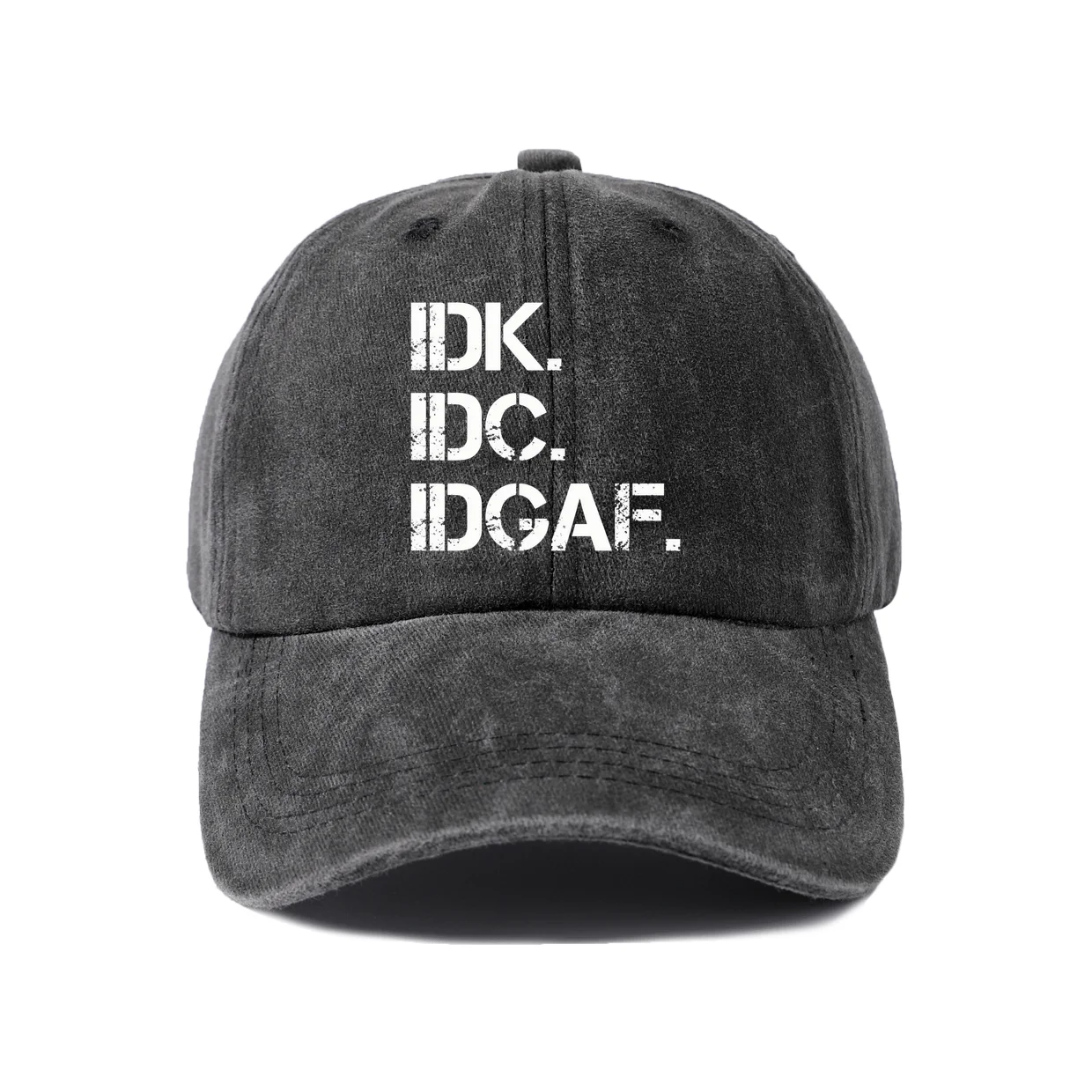 IDK IDC IDGAF Text Graphic Vintage Washed Baseball Cap, Adjustable Unisex Dad Hat for Men and Women
