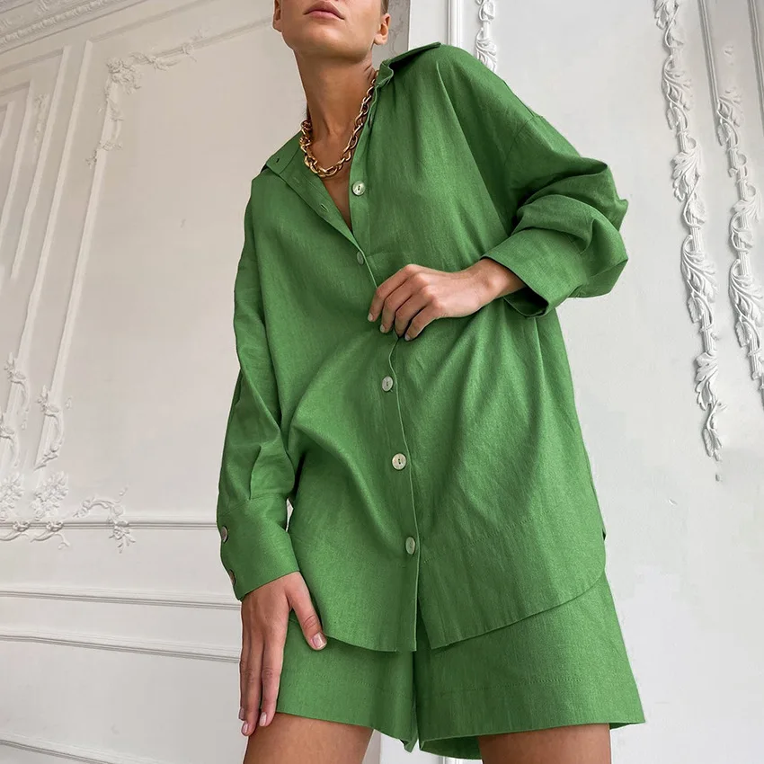 Feminino casual algodão 2 peças conjunto 2025 verão solto camisa shorts outfit commuter lazer simples