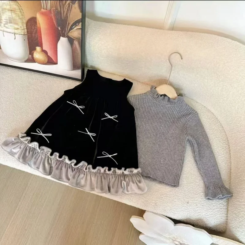 

Girls' spring outfit dress, new fashion versatile stylish bow woolen dress for girls